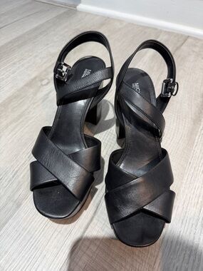 Micheal Kors Black Leather Cross-Strap Block Heel Sandals